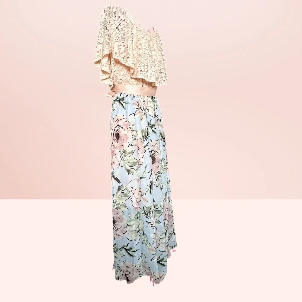 Ellen Weaver Floral Lace Off-Shoulder Maxi Dress Blue Blush Romantic Small NEW